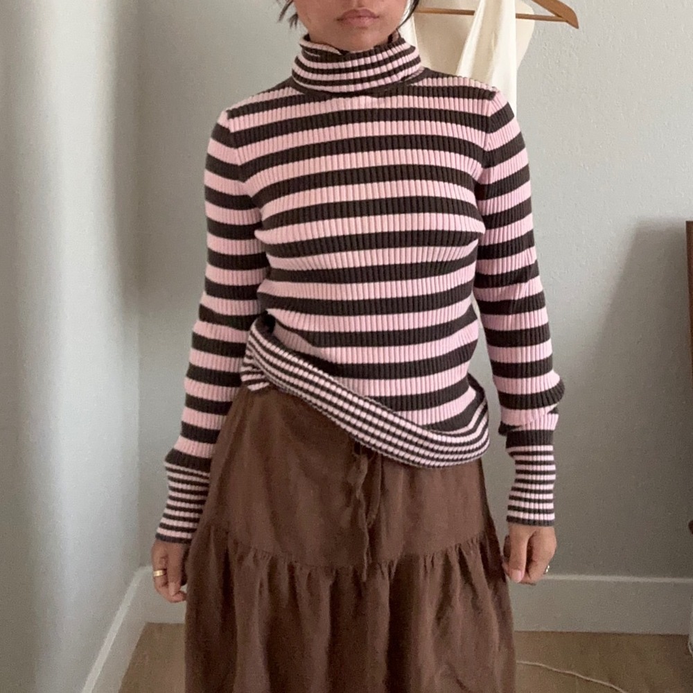 Gapstretch Womens Small Pink Brown Striped Ribbed Turtleneck Sweater RN 54023